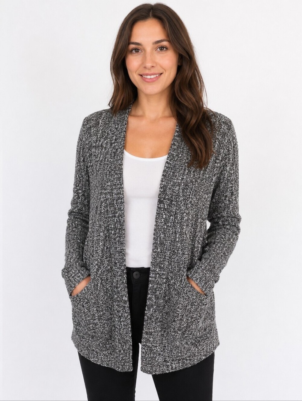 Express Women's Sweater Cardigan Gray Speckled Pockets Suze Medium Boho